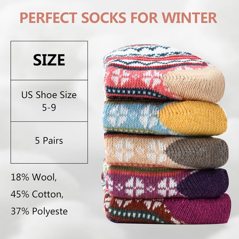 Lisacool 5 Pairs Womens Wool Socks - Winter Warm Socks - Thick Thermal Knit Vintage Cozy Crew Soft Gifts for Women - Image 2